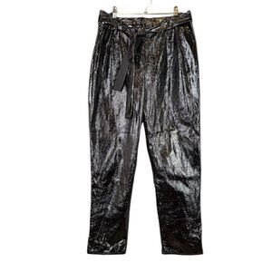 Who What Wear Black Polyurethane Belted Trouser Pants Pleated Dressy Size 4